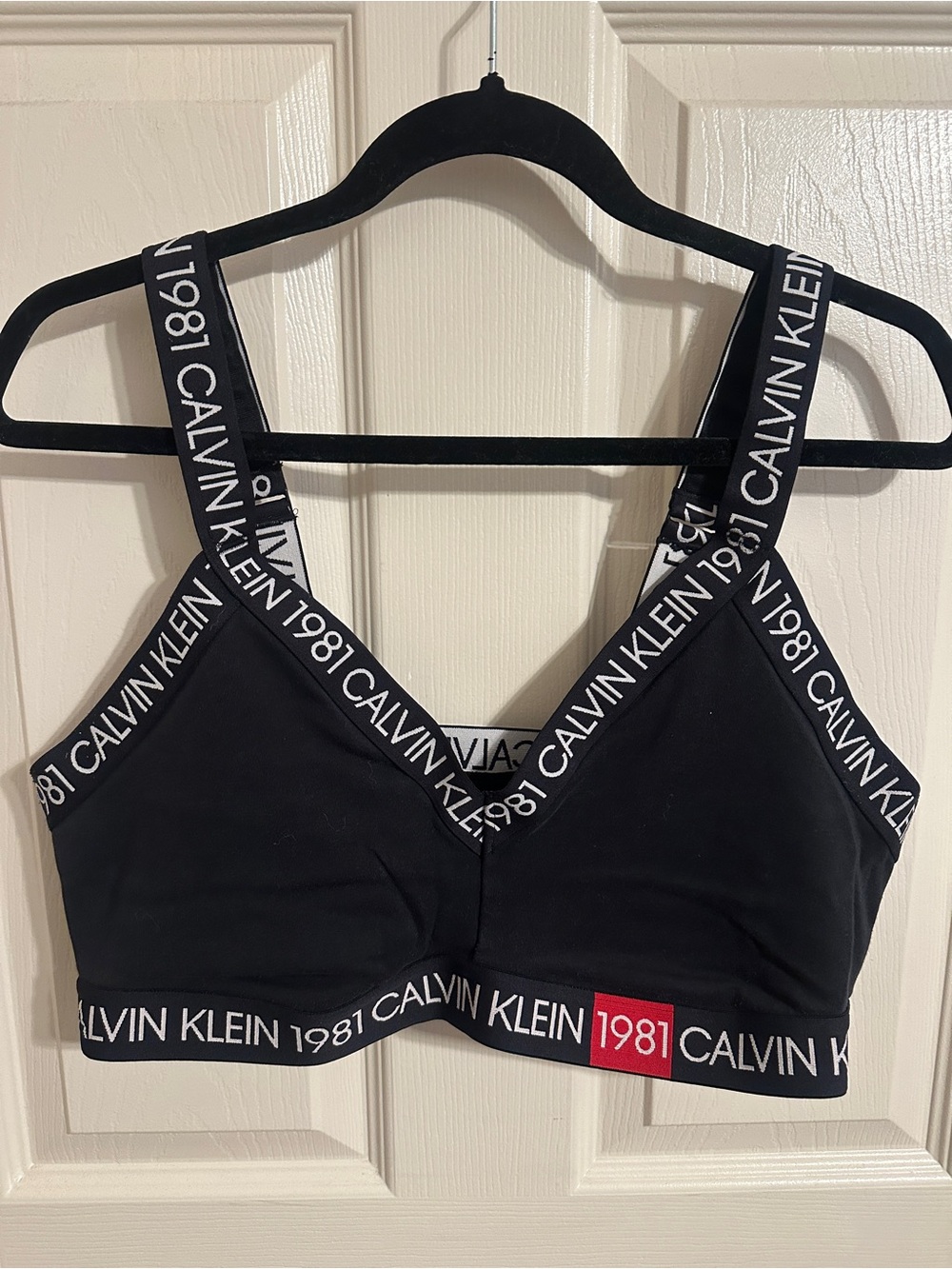 Calvin Klein Logo V-Neck Sports Bralette, Black with Red 1981 Tab, Fits like XXL